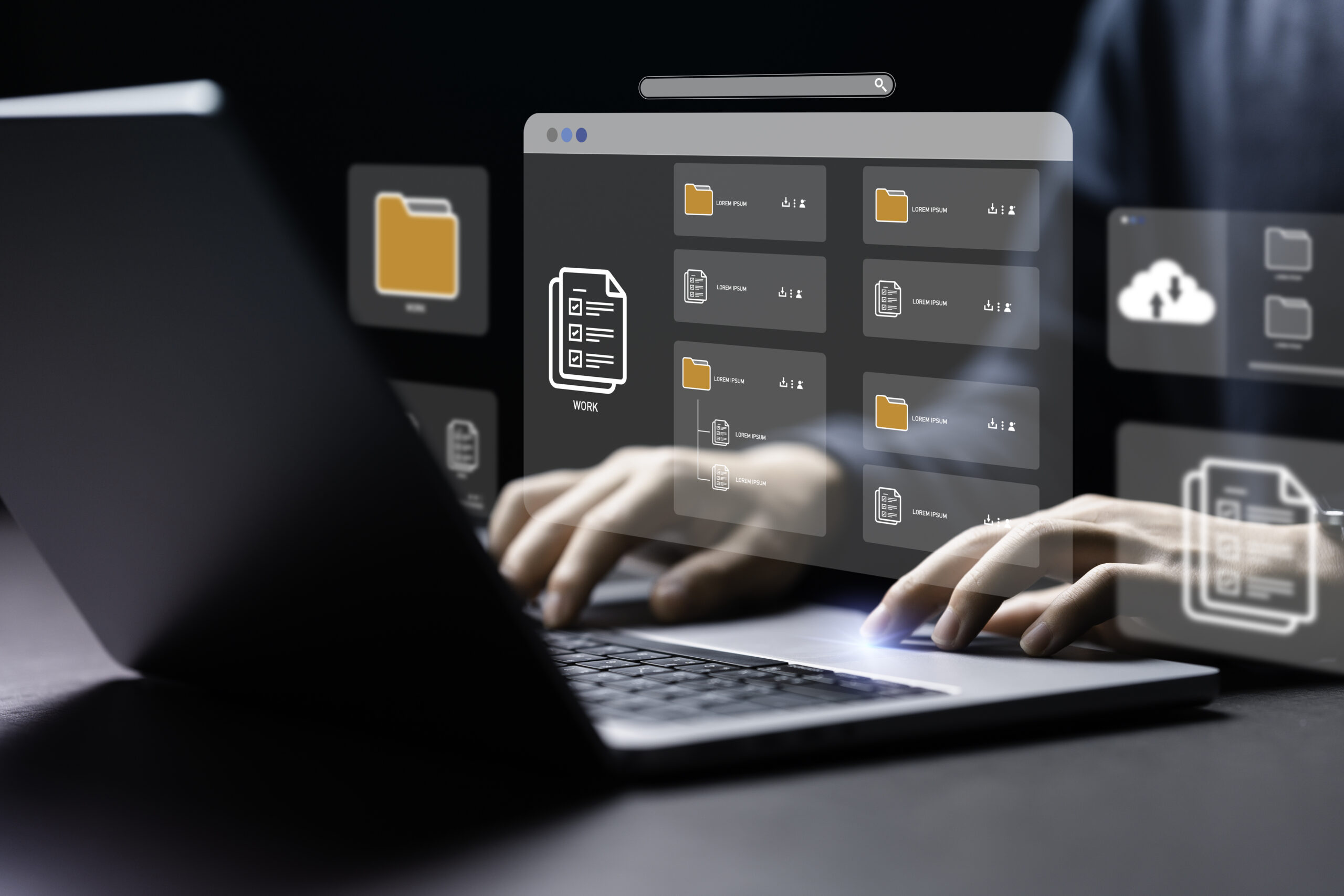 Businessman using a computer to document management concept, online documentation database and digital file storage system or software, records keeping, database technology, file access, doc sharing.